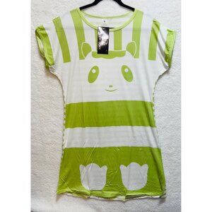 Cute Large Cartoon Panda Striped Graphic T Shirt Dress New York Green White
